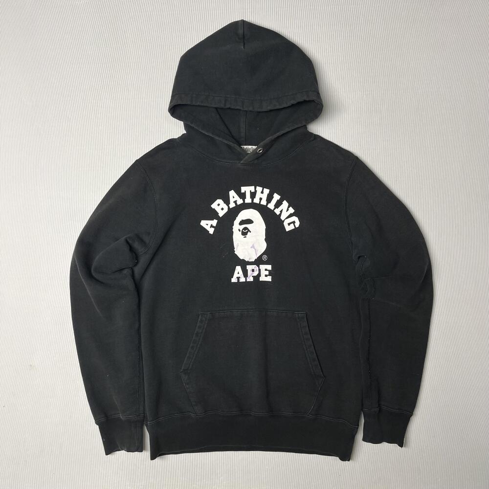 A Bathing Ape Hoodie Mens Large Black Pullover Fleece Front Ape Logo Graphic